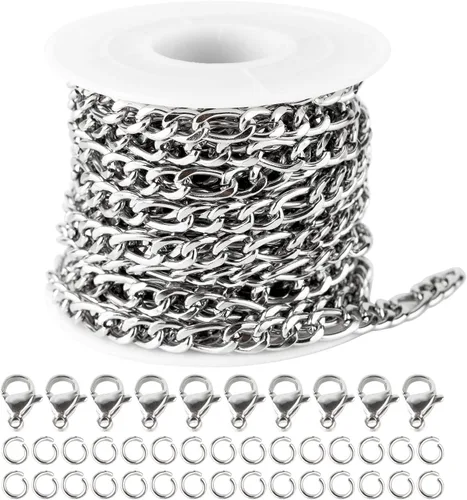 Vista 10 de YOUBEIYEE Cadena de cuentas de satélite de plata brillante de 32.8 ft para hacer joyas, acero inoxidable, cadena de joyería de cruz soldada