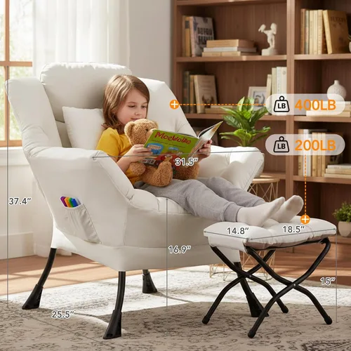 Vista 3 de Silla Lazy con otomana, cómoda silla de lectura para dormitorio Melocotón Beige-1