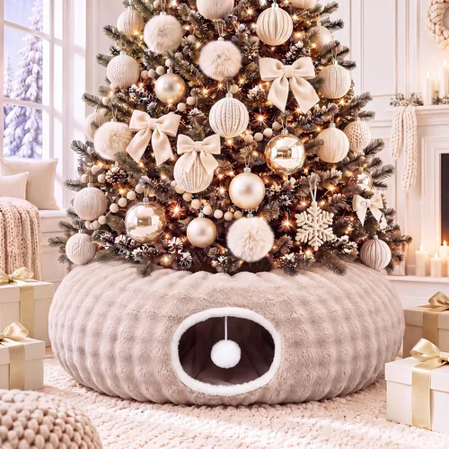 Vista 26 de Túnel de árbol de Navidad para gatos de 36 pulgadas, cama de dona, blanco