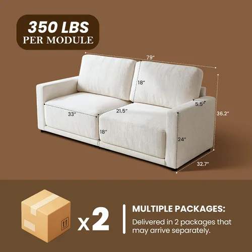 Vista 2 de Sofá modular pequeño de 78 pulgadas, sofá biplaza modular de 2 asientos para espacios pequeños, juego de sofá moderno de tela de felpilla para sala
