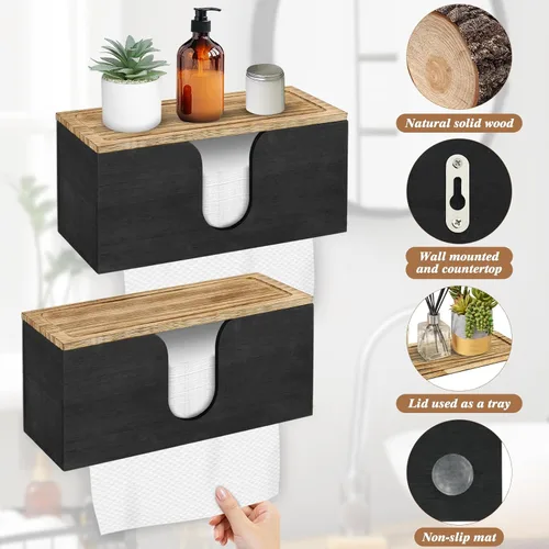 Vista 4 de Paquete de 2 dispensadores de toallas de papel de madera maciza montados en la pared, soporte de toalla de papel plegado con tapa, plegable en C