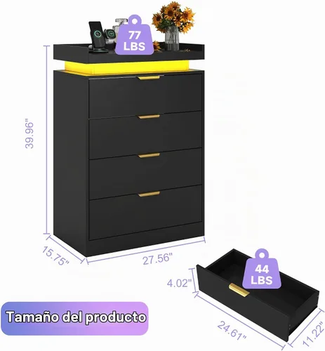Vista 2 de UNIQUITE Cómoda negra con luces LED y toma de corriente, cómoda alta de madera con 4 cajones para dormitorio, cómoda moderna para dormitorio