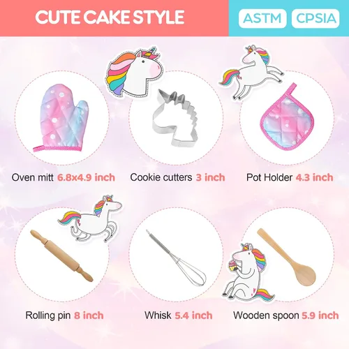 Vista 4 de Vanmor Juego de cocina y hornear de unicornio para niños, 11 delantales para niñas, sombrero de chef y delantal rosa, guante y utensilio