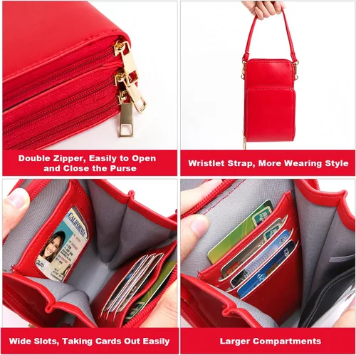 Vista 5 de Bolsa cruzada para teléfono celular, para mujer, con ventana para pantalla táctil, bloqueo de RFID, bolsa y cartera con correa de hombro