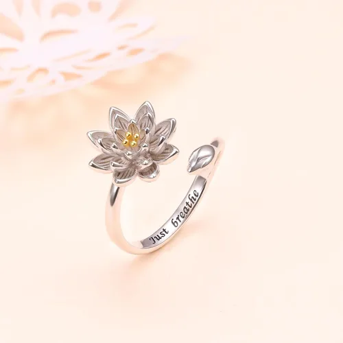 Vista 3 de DAOCHONG Anillo de plata de ley 925, anillos de flor de loto, resistentes al deslustre, ajuste cómodo, anillo de boda