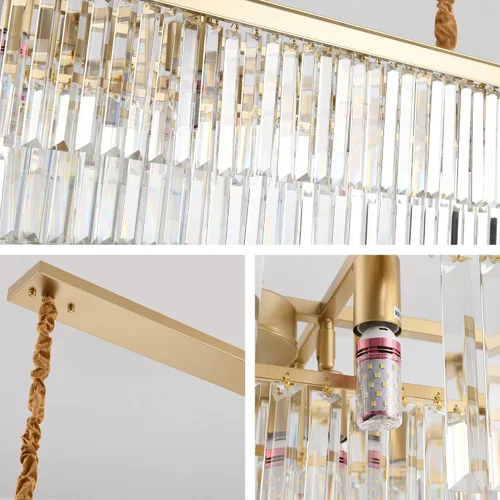 Vista 9 de Candelabro rectangular dorado de 40 pulgadas, 10 luces, iluminación colgante de cristal de lujo para comedor, isla de cocina y bar, altura