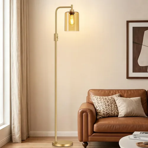 Vista 23 de 【Actualizada】Lámpara de pie regulable para sala de estar con pantalla de vidrio, lámpara de pie industrial moderna negra con bombilla LED de 900LM