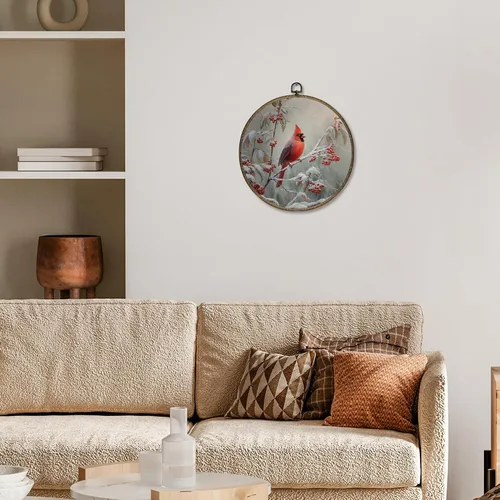 Vista 2 de OINDADE Arte Decorativo de Pared Redondo de Cardenal Invernal, Arte de Pared Colgante de Cardenal Navideño, Imágenes de Pájaros Decoración de Pared