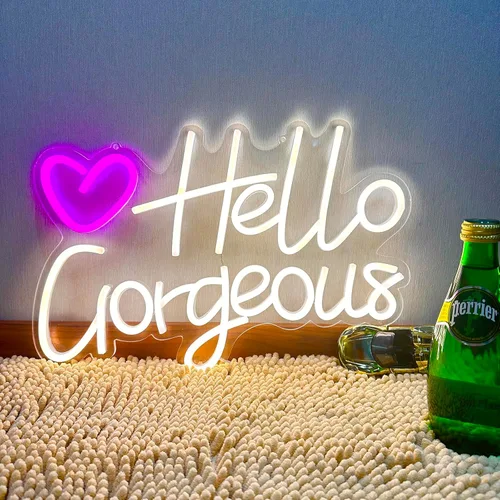 Vista 11 de Letrero de neón LED con texto en inglés «Hello Gorgeous LED», luz nocturna de neón para pared, fiesta de cumpleaños, boda, bar, club, decoración