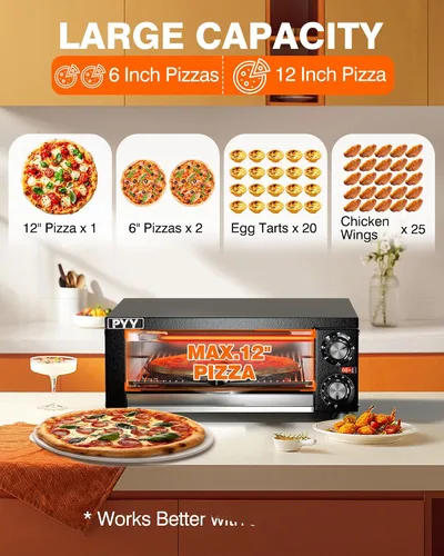 Vista 7 de PYY Horno de pizza de 12 pulgadas, para encimera, para interiores, máquina eléctrica para hacer pizza para el hogar, con temporizador, acero