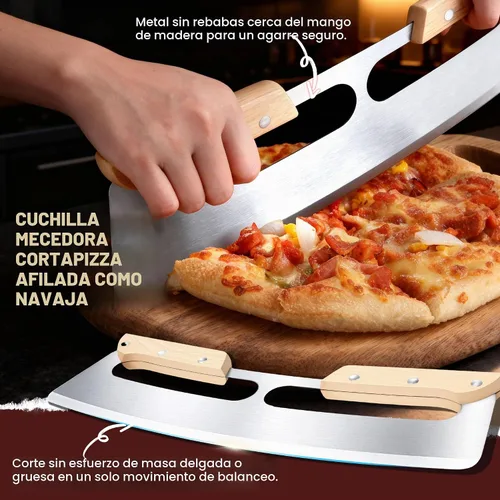Vista 4 de Cortador de pizza balancín con mango de madera, cortador balancín de pizza premium de 14 pulgadas con hoja de acero inoxidable afilada y cubierta