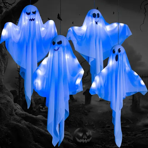 Vista 6 de Paquete de 4 decoraciones de fantasmas colgantes de Halloween, fantasmas flotantes espeluznantes iluminados de 27.5 pulgadas con LED azul, casa