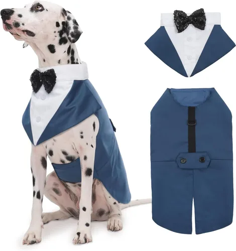 Vista 18 de Kuoser Conjunto de esmoquin para perro, traje de perro y bandana, disfraz Negro