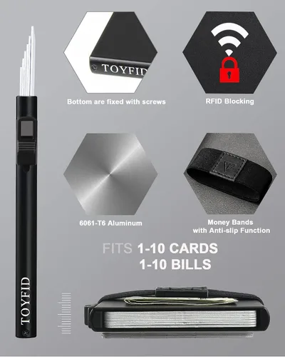 Vista 4 de TOYFID Cartera minimalista desplegable para hombre protección de bloqueo RFID y aluminio ultraligero soporte de tarjeta de crédito silencioso