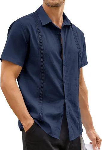 Vista 3 de Hestenve Guayabera - Camisas casuales de lino y algodón con botones de manga corta para hombre, camisa hawaiana cubana de verano, playa, trabajo