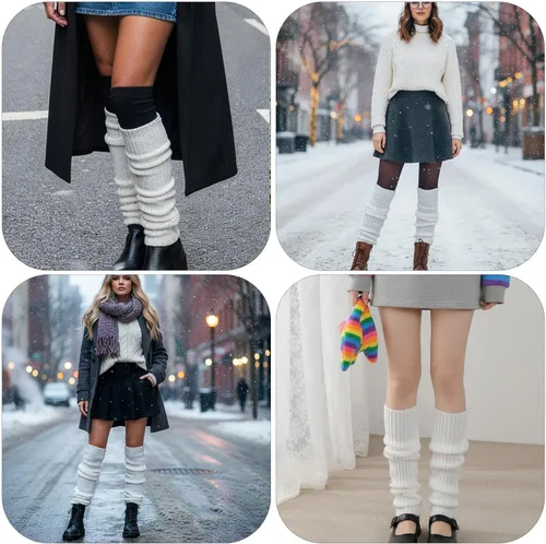 Vista 5 de Grevosea 2 pares de calentadores de piernas para mujer, trajes de los años 80 y 90, Y2K, calcetines largos de punto acanalado, para fiestas