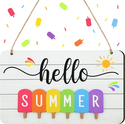 Vista 8 de Letrero de verano con texto en inglés «Hello Summer» para puerta delantera, decoración de bienvenida, letrero colgante para puerta de casa de campo