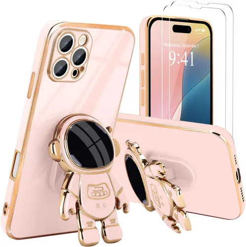 Vista 44 de Pepmune - Funda para iPhone 15 con soporte de astronauta 3D, color negro [2 Screen Protector], Luxury Electroplated Soft TPU Cover with Kickstand