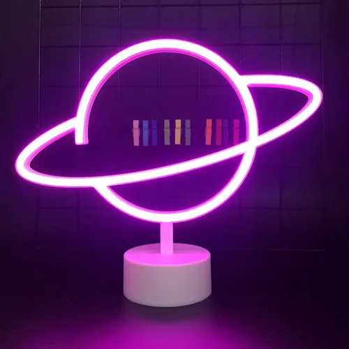 Vista 2 de ENUOLI Letreros de luz de neón de planeta rosa, luces de noche LED con pedestal, decoración de habitación, batería/operación USB, letreros de neón