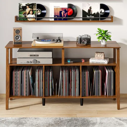 Vista 3 de Mxtxmy Soporte grande para tocadiscos, mesa giratoria de mediados de siglo con almacenamiento abierto con capacidad para hasta 450 álbumes, estante