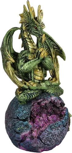 Vista 3 de Ebros Gift Meditación verde Gaia Terra Yoga Monje Dragón sentado en la Tierra Joven Esfera LED Orbe Girosfera Figurita Calabozos y Dragones Leyenda