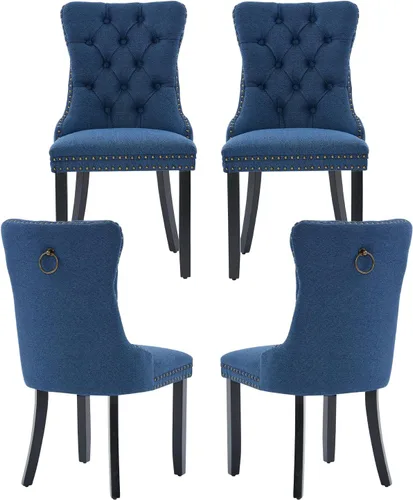 Vista 17 de Juego de 2 sillas de comedor de terciopelo, silla de comedor tapizada de alta gama con tirador de anillo en la espalda, adorno de clavos y patas