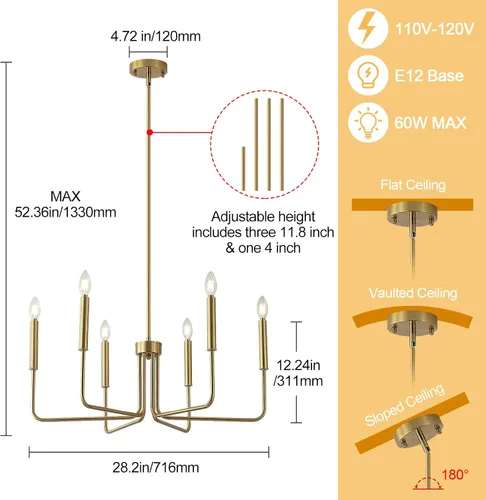 Vista 5 de Candelabro de oro cepillado para comedor, 6 luces de comedor, lámparas colgantes de estilo moderno industrial, dormitorios, vestíbulos, pasillos