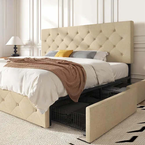 Vista 22 de HOOMIC Base de cama de almacenamiento de plataforma de tamaño matrimonial con 4 cajones y cabecera ajustable, listones de madera, no necesita Blanco