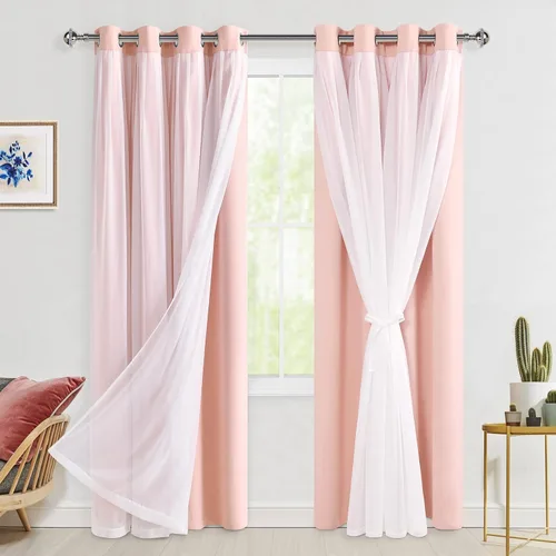 Vista 24 de Hiasan Cortinas opacas con superposición transparente, aislamiento térmico para mezclar y combinar de doble capa, cortinas de oscurecimiento de Beige