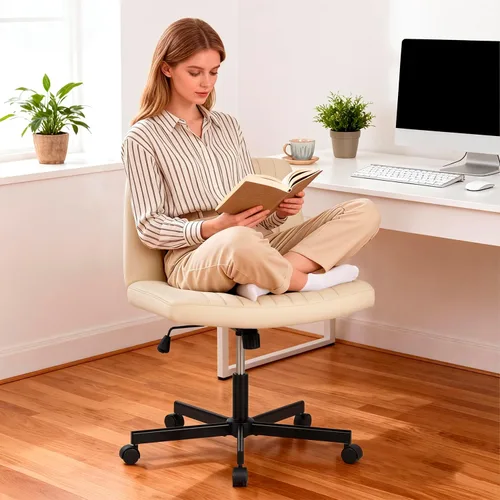 Vista 7 de PayLessHere Silla Criss Cross Ancha, Silla de Escritorio de Oficina sin Brazos, Silla de Tocador con Respaldo con Ruedas Giro 360, Altura Ajustable