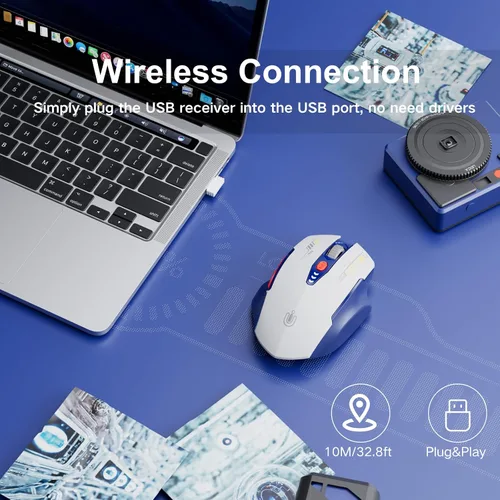 Vista 2 de Uineer Wireless Mouse, 2.4GHz Rechargeable Computer Mouse, Battery Display Azul y blanco