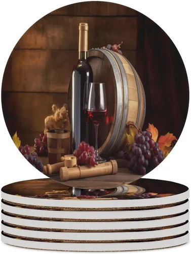Vista 41 de 4 posavasos de vino tinto, cuadrados y modernos posavasos absorbentes de cerámica, estilo de pintura al óleo, vintage, vino tinto, uvas, rosa