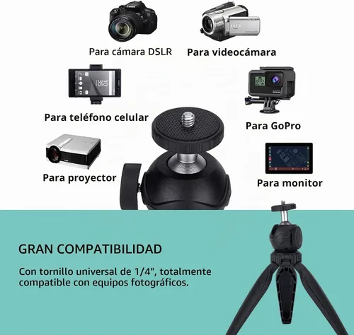 Vista 2 de Mini trípode para cámara con soporte para teléfono y soporte GoPro, cabezal de bola 360, negro, compatible con DSLR, GoPro, Smartphone, Webcam