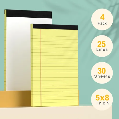 Vista 2 de Blocs de notas pequeños de 5x8 amarillos – paquete de 4, papel grueso premium de 80gsm, 30 hojas/60 páginas por bloc, páginas perforadas con rayas