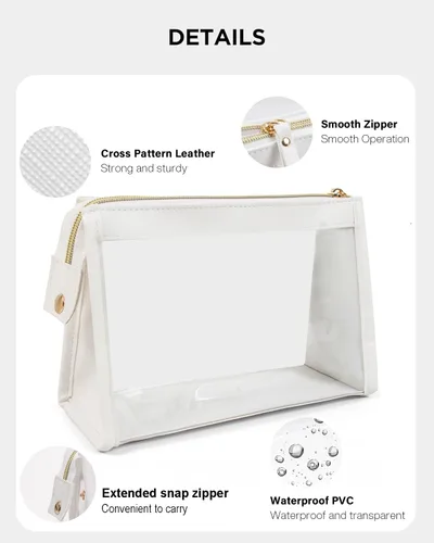 Vista 2 de Paquete de 2 bolsas de maquillaje transparentes para viaje, neceser aprobado por la TSA con cremallera, pequeñas bolsas de maquillaje para mujeres