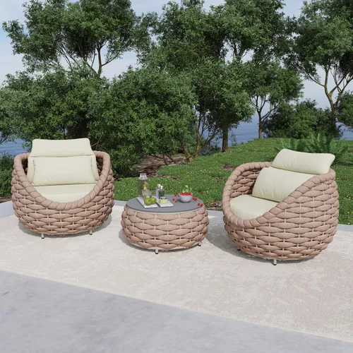 Vista 36 de Juego de muebles de patio de aluminio de 3 piezas: cuerda tejida a mano para conversación al aire libre, juego de 2 cojines modernos montados, juego