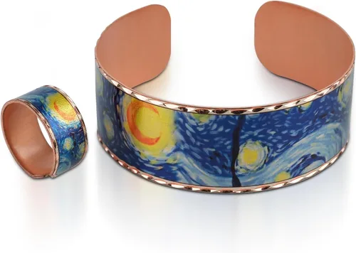 Vista 9 de Moreni Pulsera de cobre para mujer con caja de regalo de madera, regalo de joyería hecha a mano elegante y atemporal inspirado en el arte
