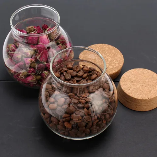Vista 6 de Tarro de vidrio esférico de 17 onzas con tapa de corcho hermético, tarro de vidrio de cocina para conservar y almacenar dulces, té, café, especias