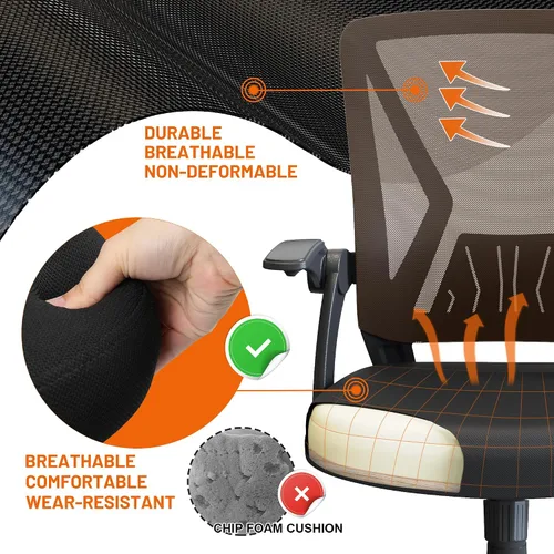 Vista 5 de Silla de oficina de malla ergonómica con respaldo medio, giratoria, de malla negra, brazos abatibles con soporte lumbar, silla de computadora