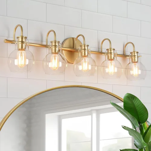 Vista 11 de KSANA Lámpara de tocador de baño, 4 luces de 28.5 pulgadas, grandes lámparas de baño doradas, modernas luces de tocador para baño con pantallas