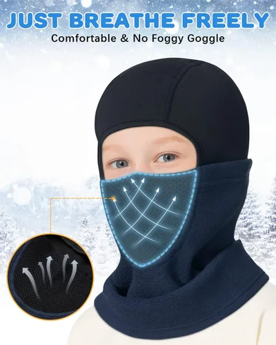 Vista 3 de Pasamontañas con forro para casco para niños, máscara de esquí para niños y niñas, forro polar para invierno, sombrero de nieve para clima frío