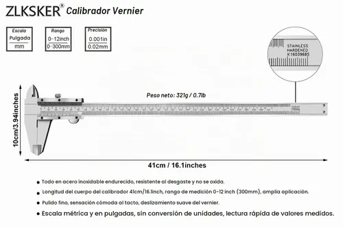 Vista 2 de Calibre Vernier micrómetro de 0-12 pulgadas, herramienta de medición de precisión de acero inoxidable (pulgadas/métrico), medición