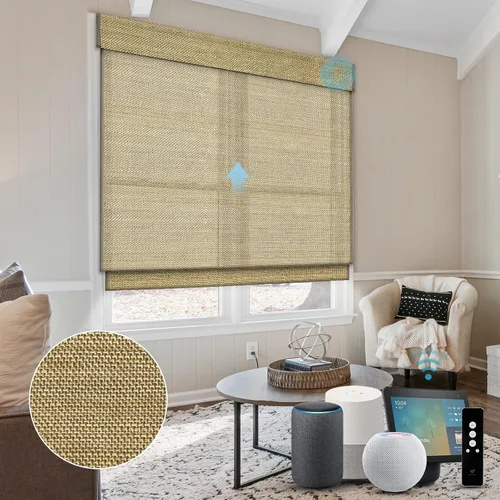 Vista 10 de SmartWings Persianas motorizadas de madera natural tejida para ventanas, persianas romanas eléctricas con control remoto para puertas correderas