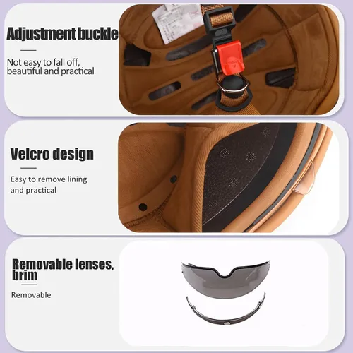 Vista 6 de Casco Moto Retro Jet para hombres y mujeres Homologado DOT, Medio Casco ABS, Ventilación Doble, Visera Retráctil y Forro Desmontable Fresco