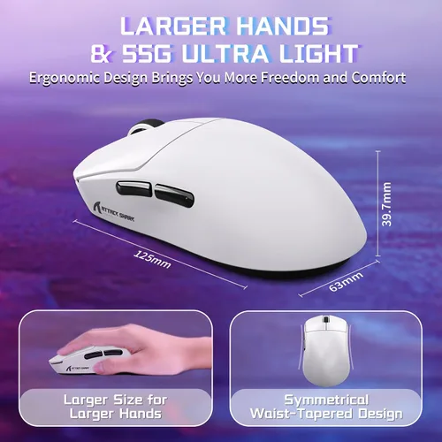 Vista 8 de ATTACK SHARK X8SE - Mouse inalámbrico para juegos, sensor óptico ajustable de 25 K DPI PAW3311, ergonómico de 2.08 oz ligero, triple modo