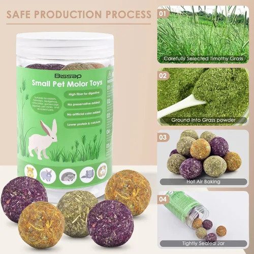 Vista 4 de Bissap Juguetes masticables de conejo, 15 unidades, 100% naturales con sabor a flores Timothy, bolas de heno de conejo, golosinas masticables
