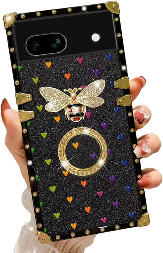 Vista 40 de nancheng Funda para Google Pixel 6 de lujo, diseño de abeja, corazón y abeja, chapado en oro, con anillo de diamante de 360°, correa de cordón