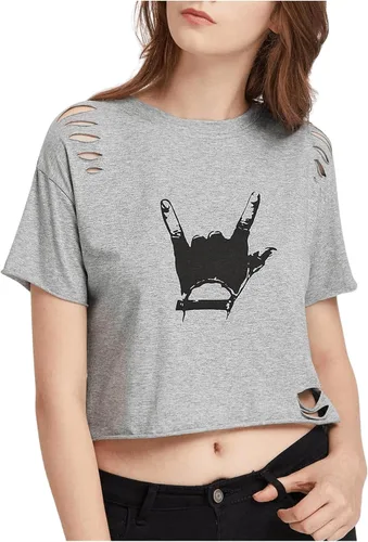Vista 3 de SweatyRocks - Camiseta ombliguera desgastada con manga corta e impresión gráfica, para mujer