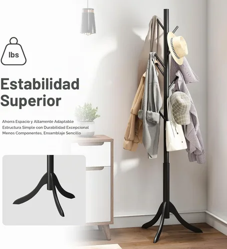 Vista 6 de kiplant Perchero negro de madera de bambú independiente con 8 ganchos, organizador de pasillo y sombrero de entrada para dormitorio, oficina, ropa