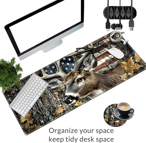 Vista 7 de Alfombrilla de mouse grande para juegos más un posavasos + clips para cables, alfombrilla de mouse extendida de ciervo camuflaje (31.5 x 11.8)